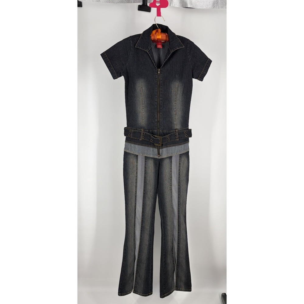 Y2K Denim One Piece Jumpsuit Mesh Stripe Flare Belted Moto Grunge Clubwear Sz 11
